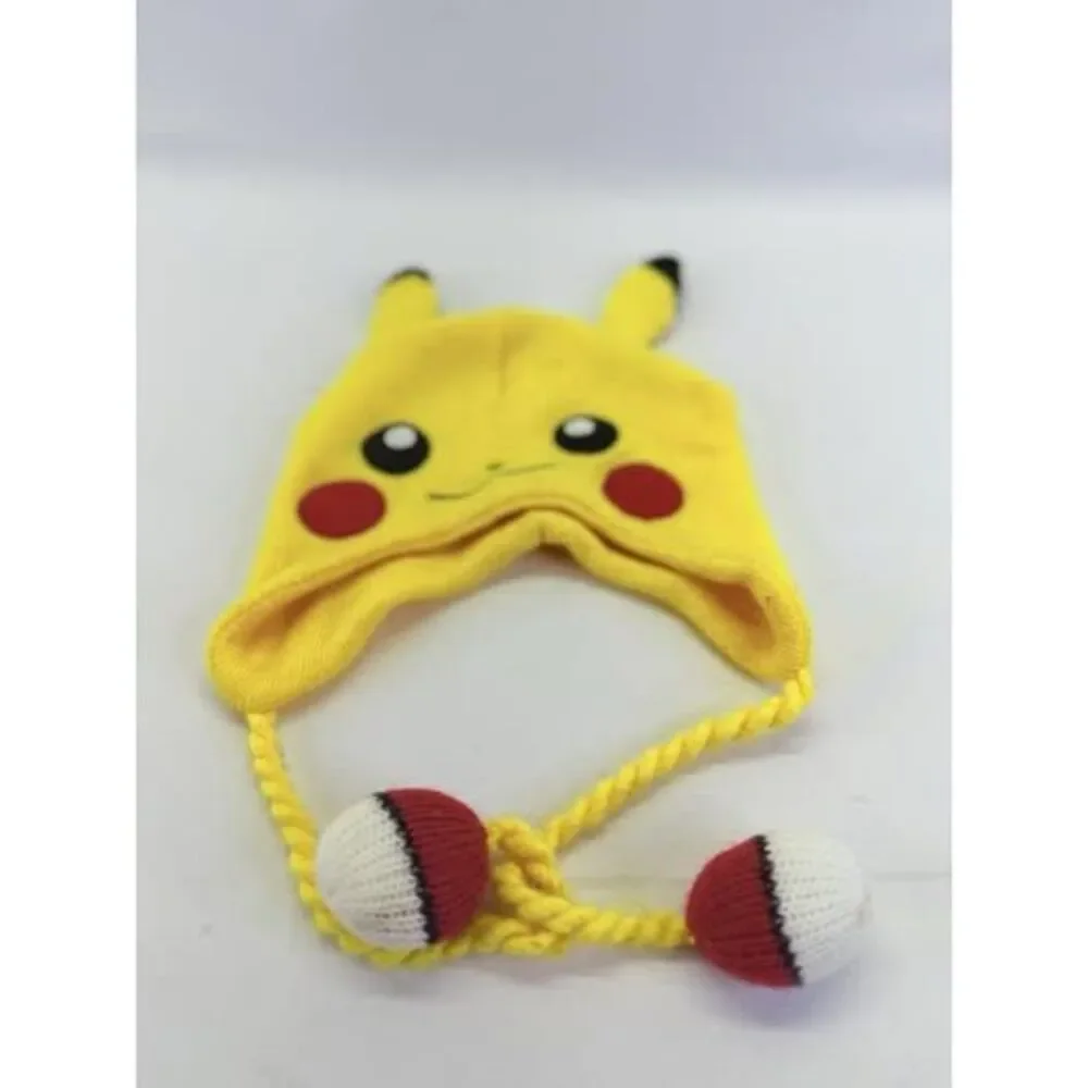 Pokemon Pikachu Beanie Winter Hat Big Face Yellow Pokeball Cap OSFM 14 and Older